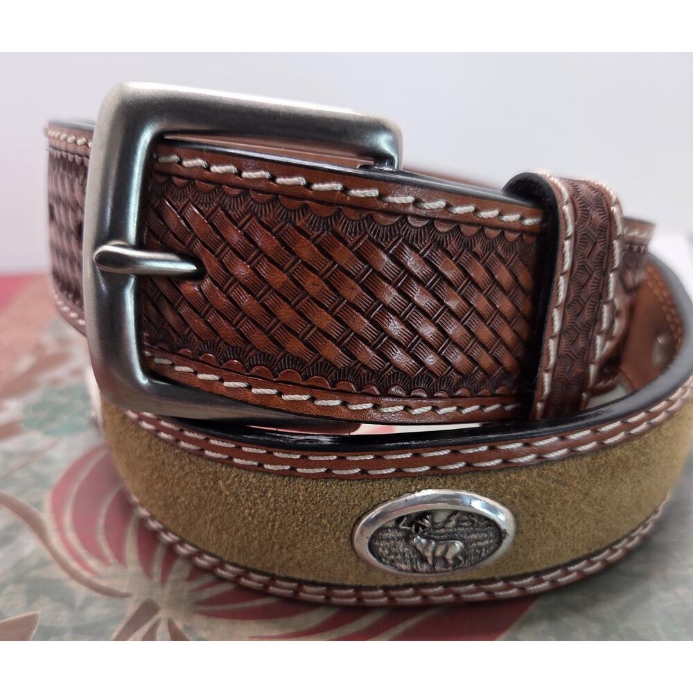 Badger Mens Belt Sz 34 Hand Tooled Moose Medallions Silver Hardwear 1.5" Wide